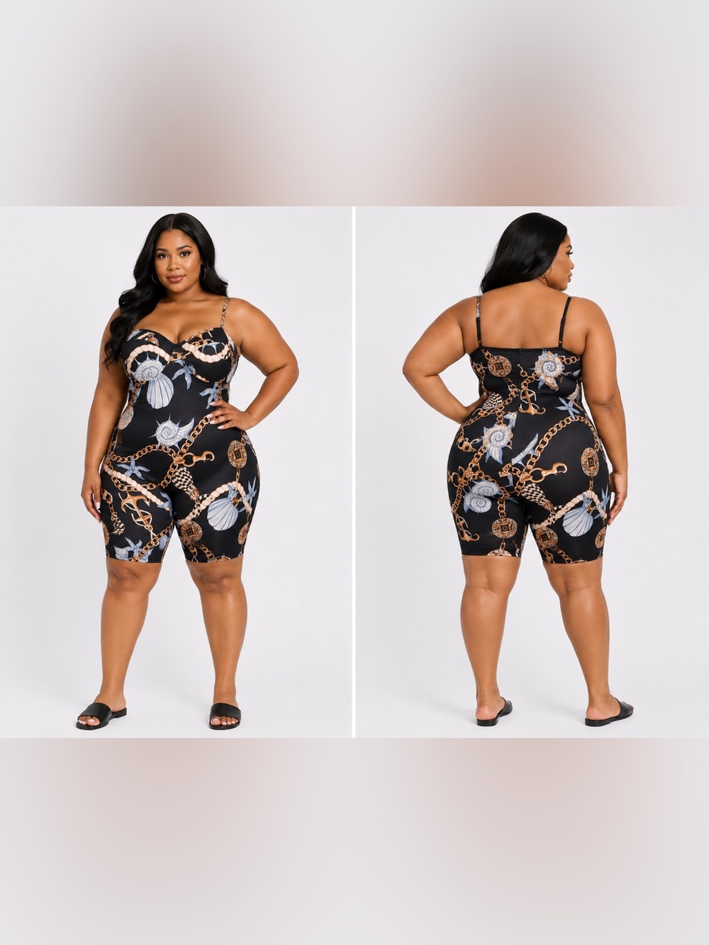 Plus Size Black Chain & Shell Print Curvy Romper